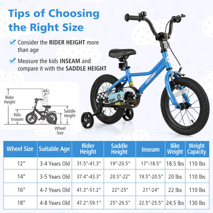 Costway 14\" Kids Training Bike With Removable Training Wheels Pneumatic Tires Navy