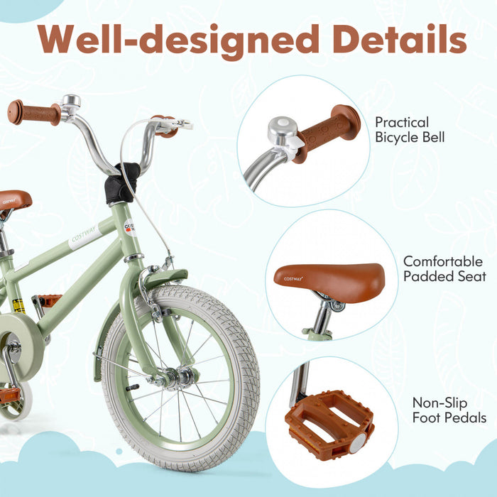 Costway 14\" Kids Bike With Adjustable Saddle Handlebar Removable Training Wheels Handbrake Green