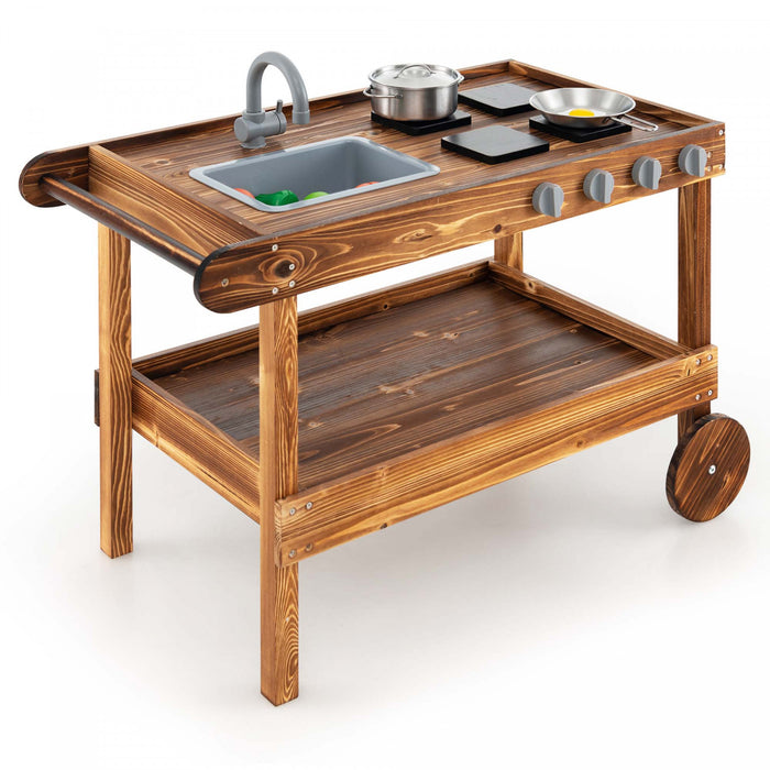 Costway Kids Wooden Mud Play Kitchen Cart With Sink, 4 Stoves & Storage Shelf Natural