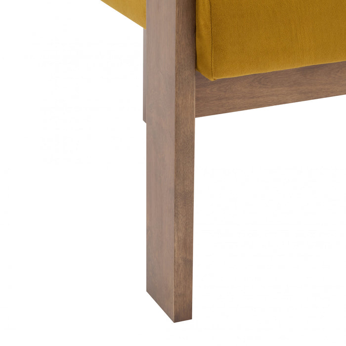Crest Modern Upholstered Round Arm Accent Chair with Three-Leg Design, Mustard Yellow, Walnut