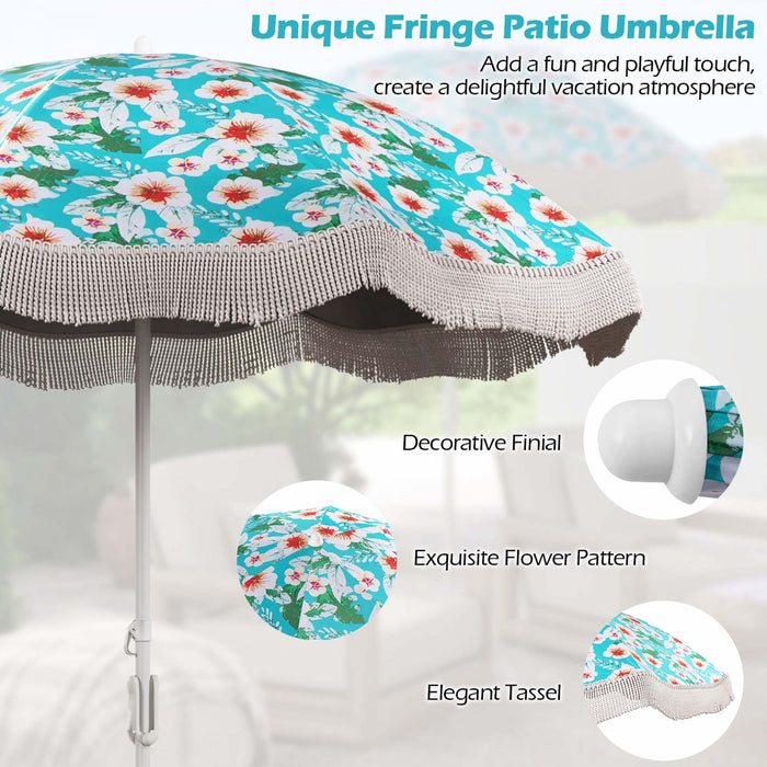 Goplus 6.5 FT Outdoor Fringe Patio Umbrella with Carrying Bag Push Button Tilt for Garden Green