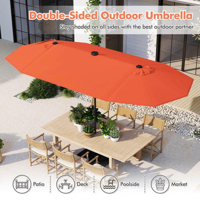 Costway 13 FT Double-sided Patio Umbrella with Solar Lights Crank Handle Umbrella Base Orange