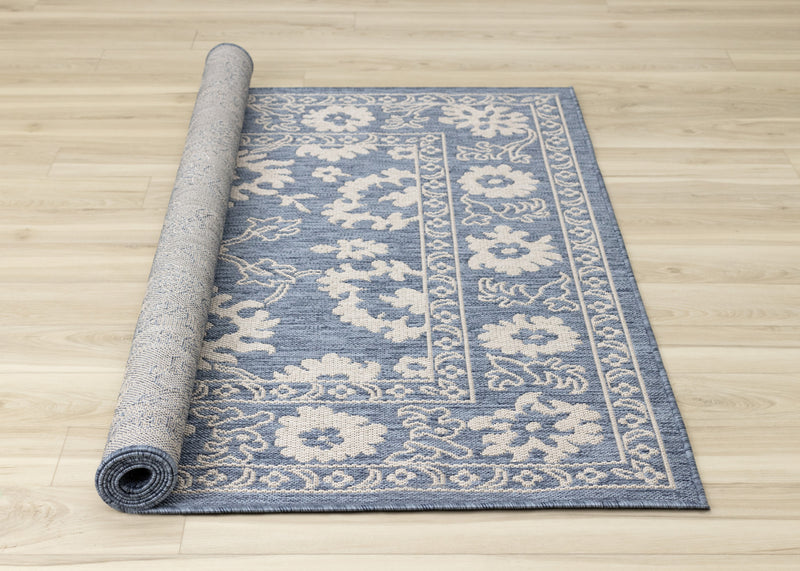 Cabana Blue White Elegant Border Outdoor Rug, 6'7\" x 9'6\" Outdoor Area Rug
