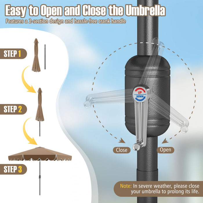 Costway 10 FT Patio Umbrella with Crank Tilt Adjustment Ruffles Vented Top 8 Ribs Brown