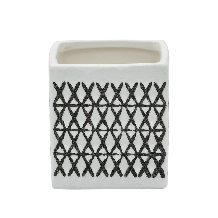 Ceramic Square 4\" Criss-Cross Pattern Pen Holder - Black and White