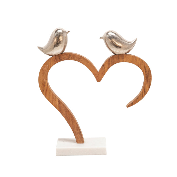 Metal 15\" Birds Perched on Wood Heart with Marble Base - Silver