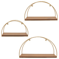 Metal and Wood Half-Moon Wall Shelves Set of 3 - Brown and Gold