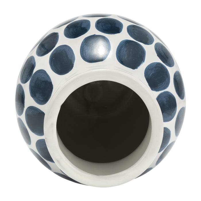 Ceramic 10\" Navy Polka Dot Flower Vase - White
