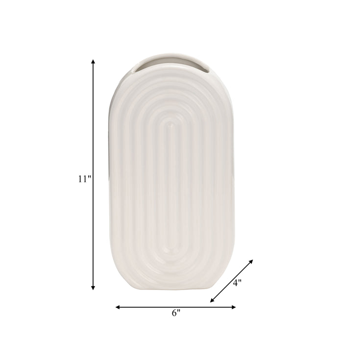 Ceramic 11\" Oval Ridged Vase - White