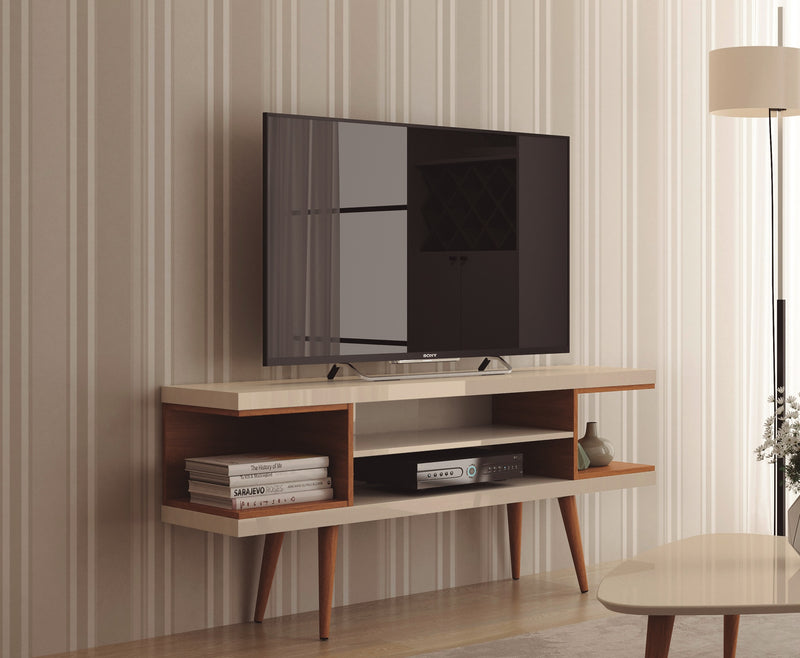 Manhattan Comfort Utopia 53.14\" TV Stand with Splayed Wooden Legs & 4 Shelves - Off White & Maple Cream