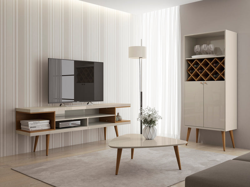 Manhattan Comfort Utopia 70.47\" TV Stand with Splayed Wooden Legs & 4 Shelves - Off White & Maple Cream