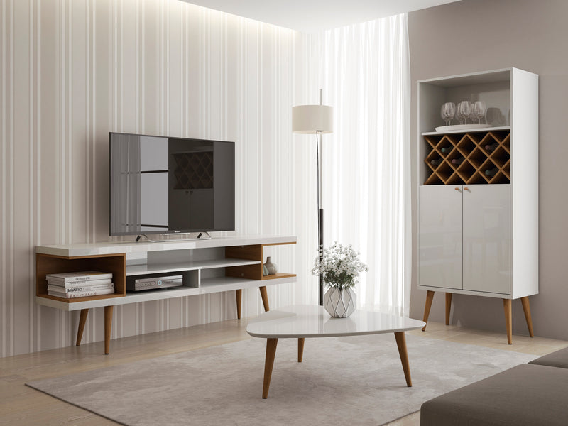 Manhattan Comfort Utopia 70.47\" TV Stand with Splayed Wooden Legs & 4 Shelves - White Gloss & Maple Cream