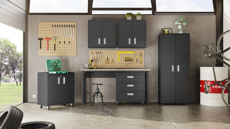 Manhattan Comfort Fortress Textured Metal 75.4\" Garage Cabinet with 4 Adjustable Shelves - Charcoal Grey