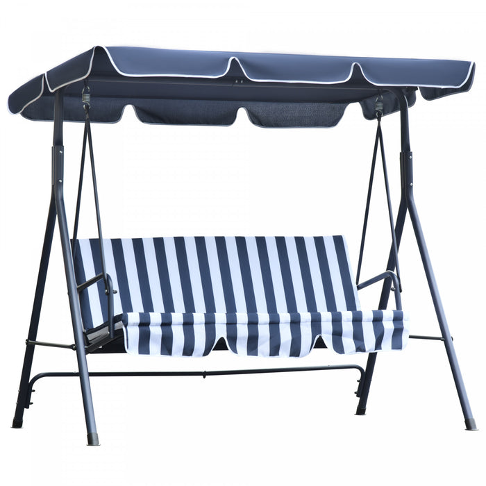 Outsunny 3-seat Patio Swing Chair, Outdoor Porch Swing Glider With Adjustable Canopy, Removable Cushion, And Weather Resistant Steel Frame, For Garden, Poolside, Blue & White