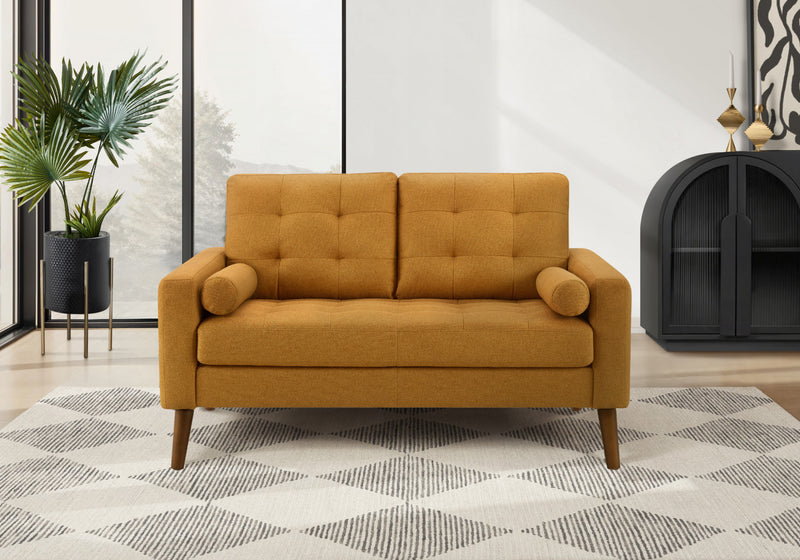 Upholstered Love Seat, 58\" L, Orange Fabric, Walnut Wood Legs, Mid-Century Loveseat