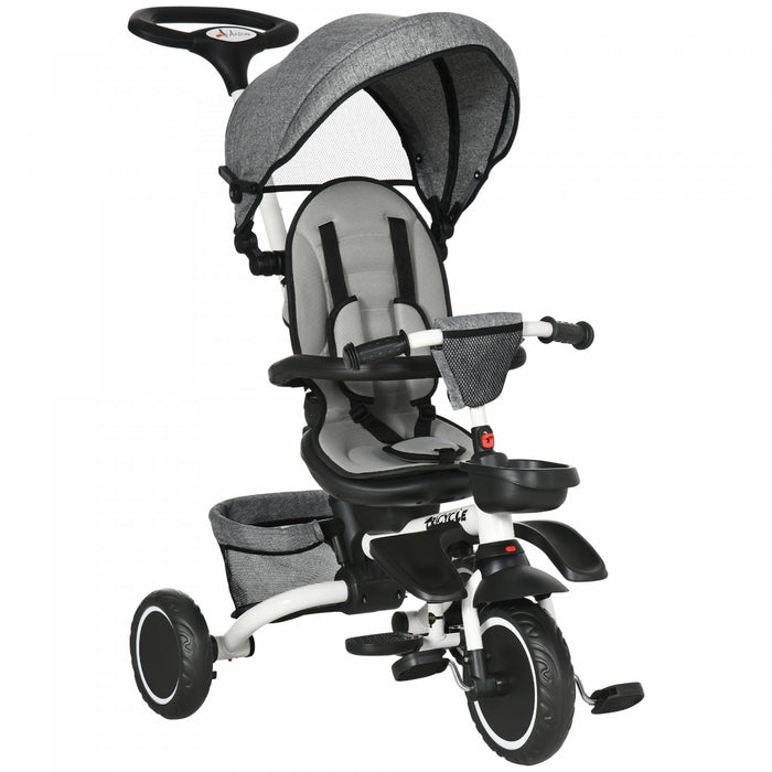 Aosom 6-in-1 Toddler Tricycle, Kids Trike With Rotatable Seat, Adjustable Push Handle, Safety Harness, Detachable Canopy, Semi-reclining Footrest, For 12-50 Months, Grey