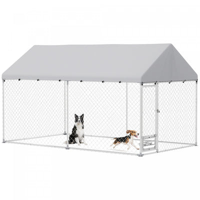 Pawhut Outdoor Dog Kennel With Roof, Heavy Duty Dog Run Outdoor Fence Cage With Adjustable & Rotating Bowls, Waterproof Uv-resistant Cover, Secure Lock, 13.1' X 7.5' X 7.5'