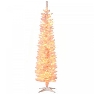 Homcom 6' Slim Snow Flocked Artificial Christmas Tree With Light, Pink