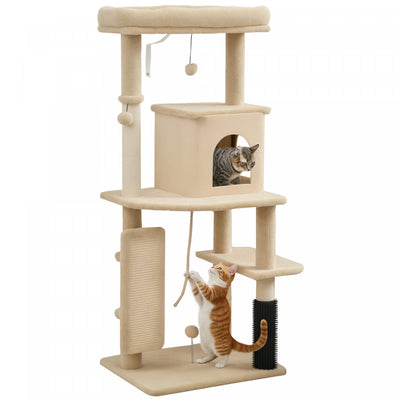 PawHut Cat Tree for Large Cat Adults, 52 Inch Cat Tower for Indoor Cats w/ Scratching Posts, Cat Bed, Condo, Grooming Brush, Jumping Platforms, Toy Balls, Anti-tip Kit, Beige