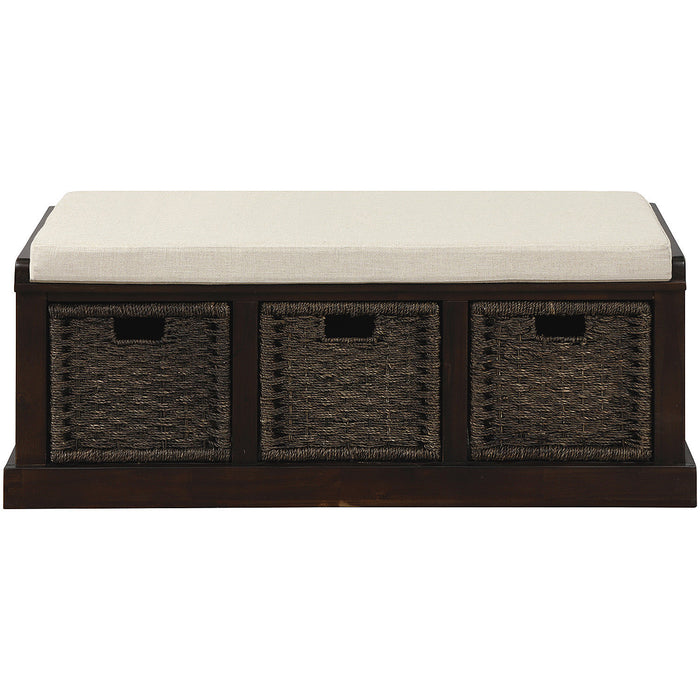 Leif Solid Wood And Rattan Baskets Storage Bench With Cushioned Seat - Espresso
