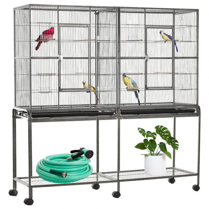 Pawhut 64\" Extra Large Bird Cage, Rolling Metal Parrot Cage, Bird House With Detachable Rolling Stand, Storage Shelf, Wood Perch, Food Container, 62.8\" X 18.9\" X 64.2\"