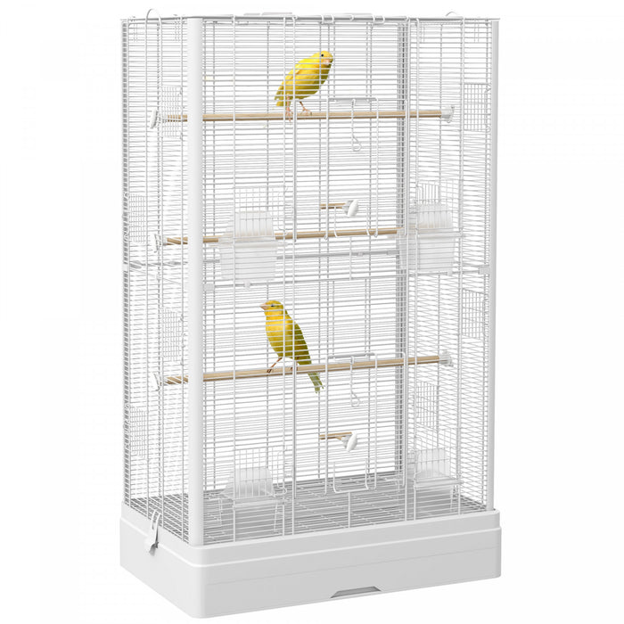 Pawhut 39\" Bird Cage For Budgie, Finches, Canaries, Love Birds, Large Parrot Cage With Wooden Stands, Slide-out Tray, Handles, Food Containers, White