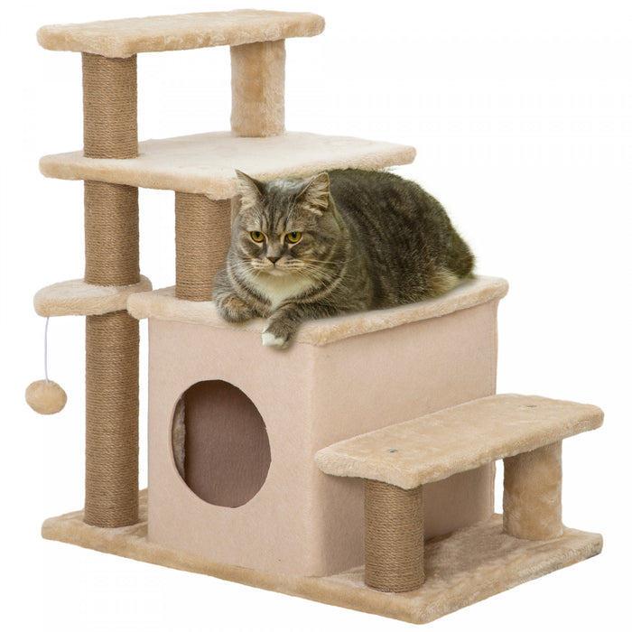 Pawhut Adjustable Height Cat Stairs With Jute Scratching Posts, Cat House For Cozy Rest, Pet Steps For Couch Sofa And High Bed With Hanging Ball, Front Hole, Platform, Beige