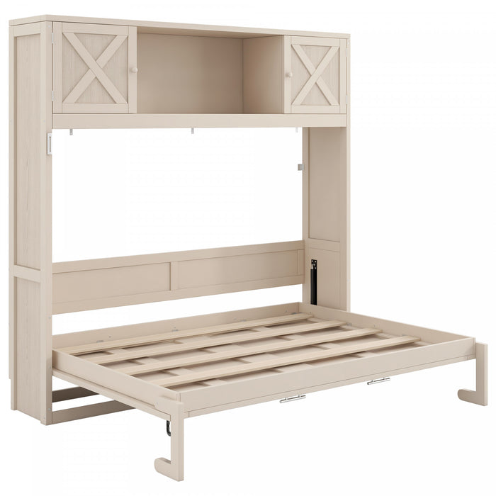 Ethan Solid Wood Murphy Bed with Storage Cabinets,Queen Size,Beige Queen Bed