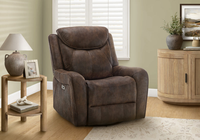 Power Reclining Chair, 37\" Wide, Glider, Swivel, Usb Ports Included, Brown Leather-Look Recliner