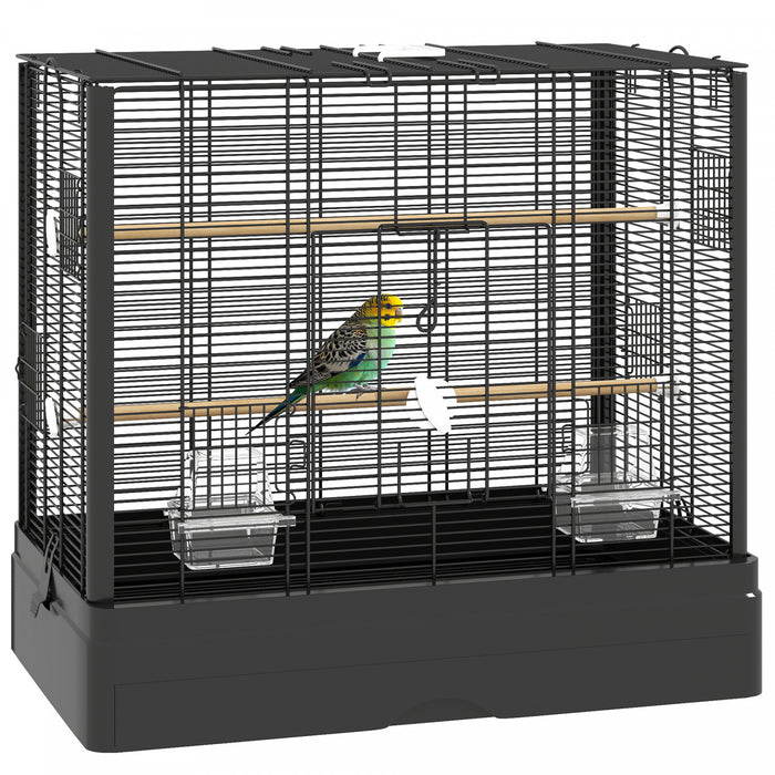 Pawhut 22\" Bird Cage For Budgie, Finches, Canaries, Love Birds, Large Parrot Cage With Wooden Stands, Slide-out Tray, Handle, Food Containers, Black