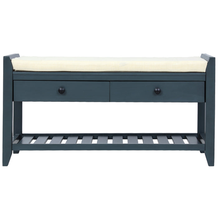 Stephanie Pine Wood Shoe Rack Bench With Cushioned Seat With Storage Drawers - Antique Navy