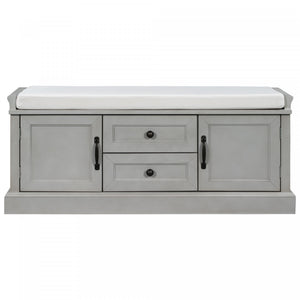 Boyce Solid Wood Storage Bench With 4-door Shoe Cabinet With Cushion -Grey 