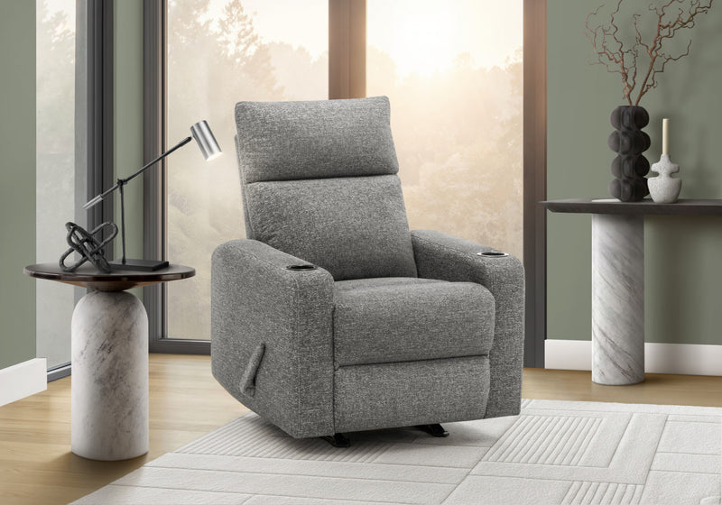 Upholstered Small Reclining Chair, Manual Rocker, Cup Holders, Dark Grey Fabric Recliner
