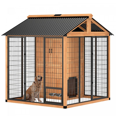 PawHut Extra Large Dog House Outdoor, Wooden Dog Kennel with Storage Cabinet, Pet Shelter with Waterproof Roof, Stainless Steel Bowls for Large Breeds 86" x 79" x 86" Light Yellow