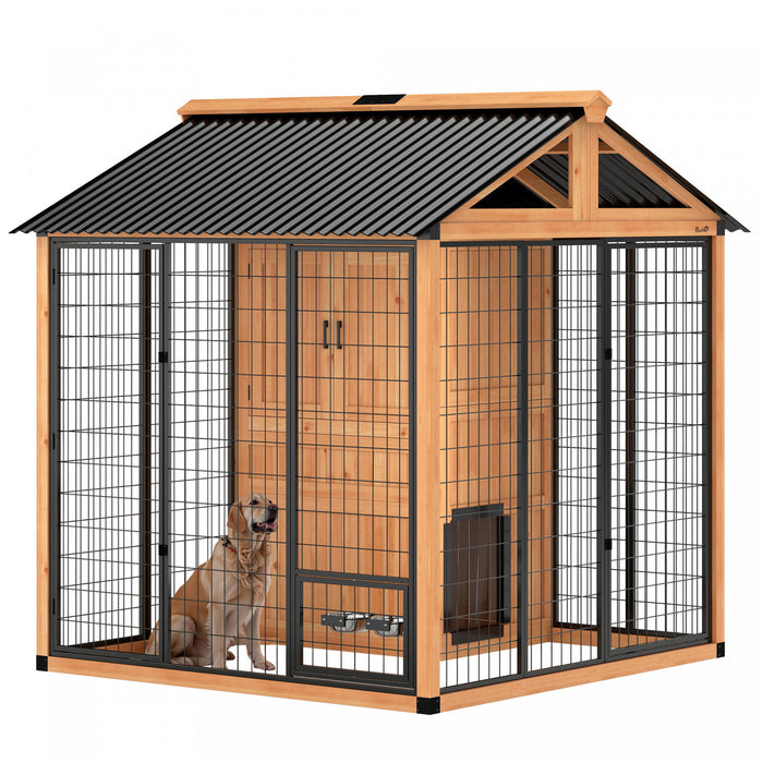 PawHut Extra Large Dog House Outdoor, Wooden Dog Kennel with Storage Cabinet, Pet Shelter with Waterproof Roof, Stainless Steel Bowls for Large Breeds 86\" x 79\" x 86\" Light Yellow
