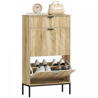 HOMCOM Shoe Cabinet with 2 Flip Drawers Adjustable Shelves for 8 Pairs Oak