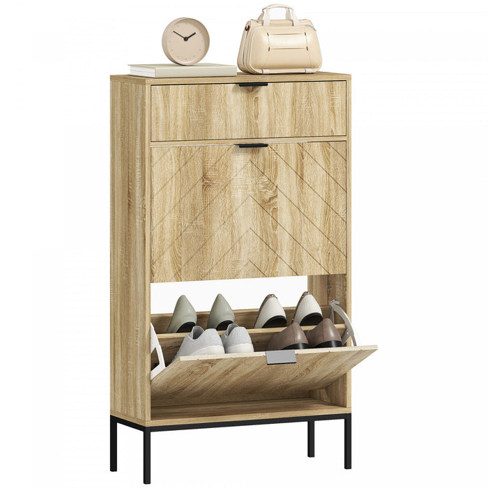 HOMCOM Shoe Cabinet with 2 Flip Drawers Adjustable Shelves for 8 Pairs Oak