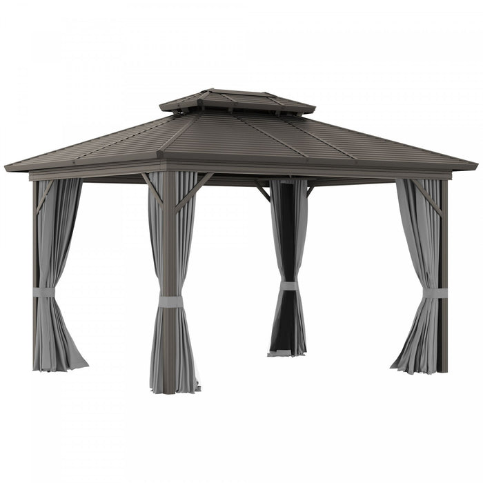 Outsunny 10' X 12' Hardtop Gazebo, Aluminum Frame Garden Sun Shelter With Double Tier Metal Roof, Mosquito Netting, Curtains, And Hanging Hook, Grey