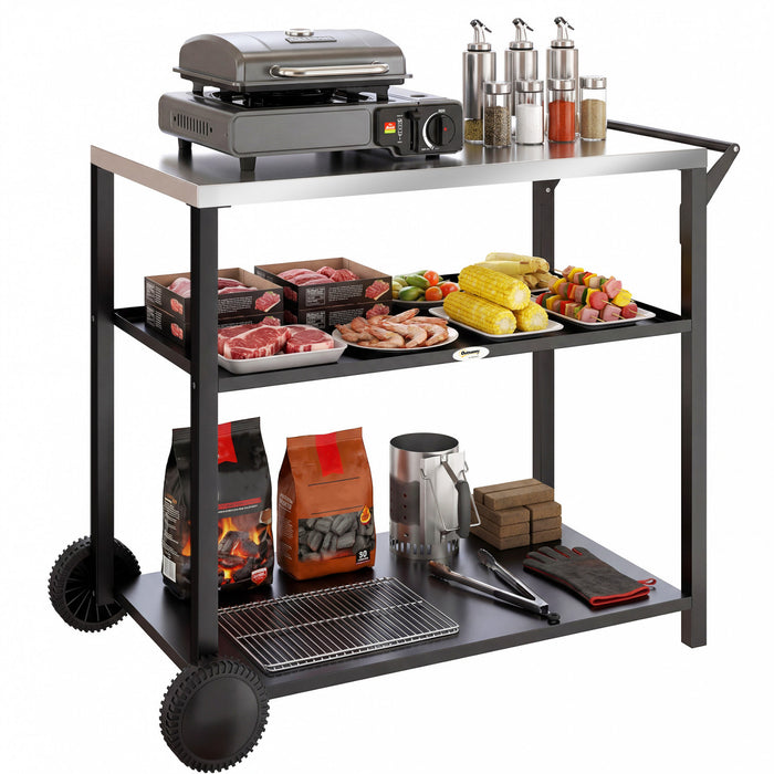 Outsunny Outdoor Grill Cart with Stainless Steel Tabletop for Kitchen Prep, Three-Tier Pizza Oven Stand, BBQ Stand and Movable BBQ Cart on Wheels, Black