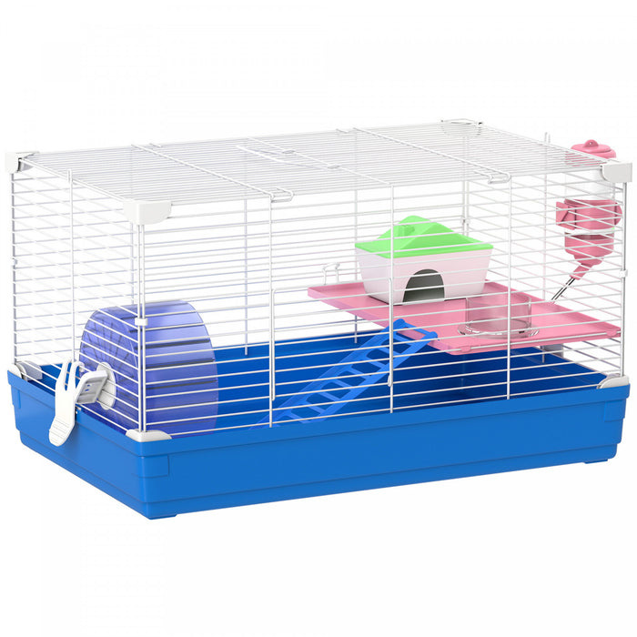 PawHut 18.5\" Hamster Cage with Exercise Wheel and Water Bottle Dish, Rat House and Habitats 2 Storey Design, Blue