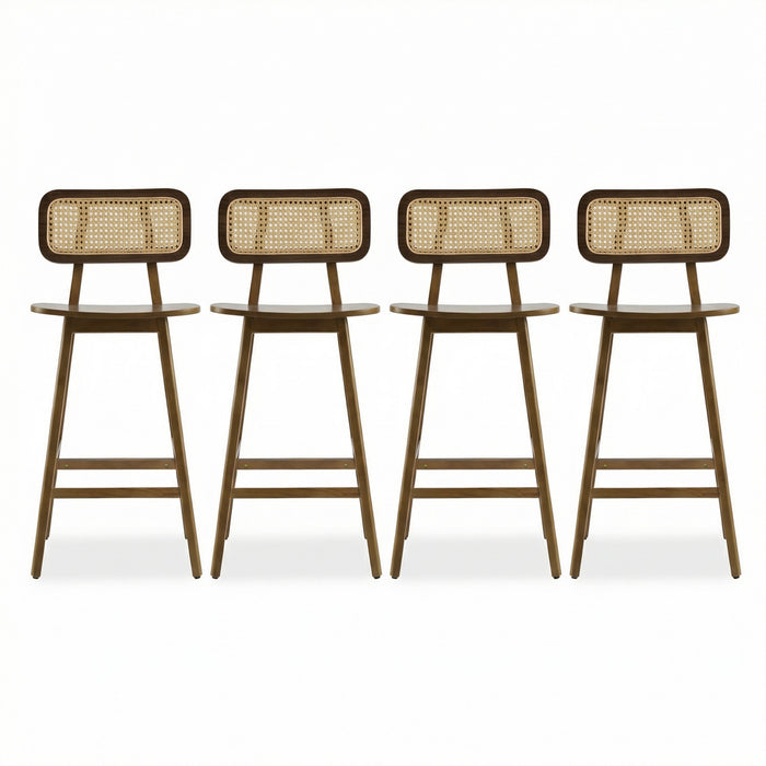 Bari Rubber Wood Counter Stool Set of 4 with Rattan Back and Footrest,Walnut