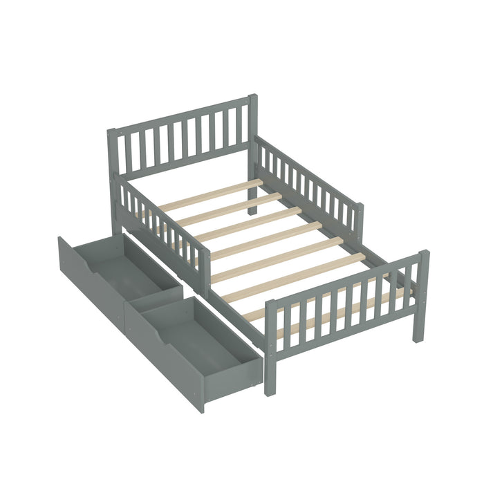 Emma Wood Platform Bed with Guardrails and Storage Drawers,Twin Size - Grey