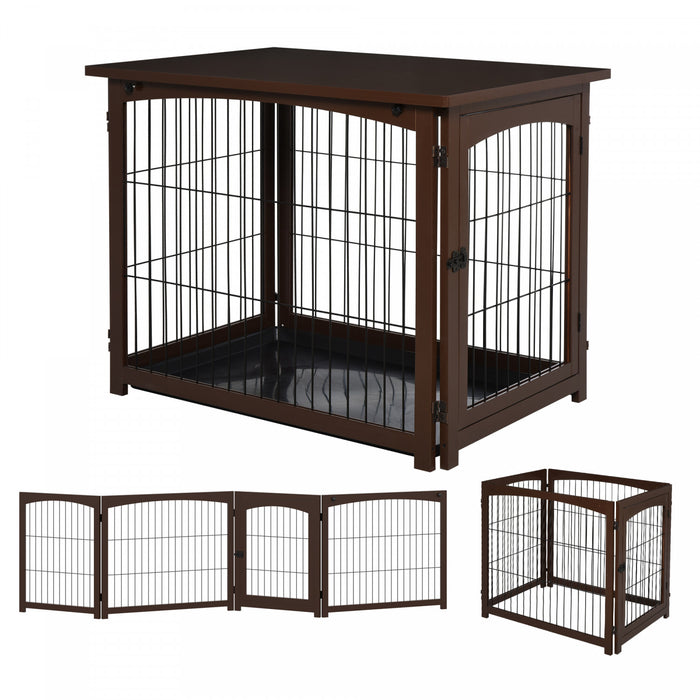 Pawhut Wooden Decorative Dog Cage Pet Crate Fence Side Table Small Animal House With Tabletop, Lockable Door, Brown