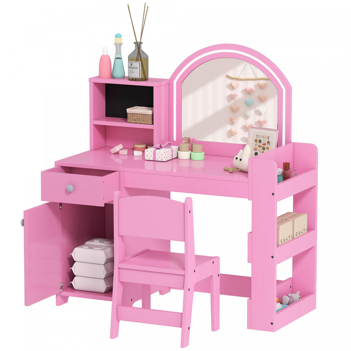 Qaba Kids Vanity Set with Lighted Mirror, Toddler Dressing Table and Chair Set with Cabinet, Drawer and Shelves, Pretend Makeup Playset for Girls 3-8 Years Old, Pink