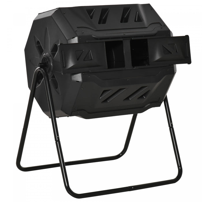 Outsunny 43 Gallon (160l) Tumbling Compost Bin Outdoor Dual Chamber 360° Rotating Composter With Sliding Doors, Solid Steel Frame And Gloves, Black