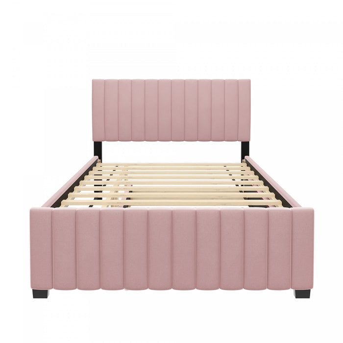Ethan Space-Saving Velvet Upholstered Platform Bed with Trundle,Full Size,Pink Full Bed