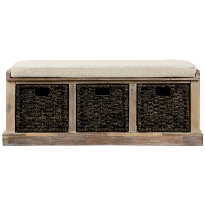 Leif Solid Wood And Rattan Baskets Storage Bench With Cushioned Seat - White