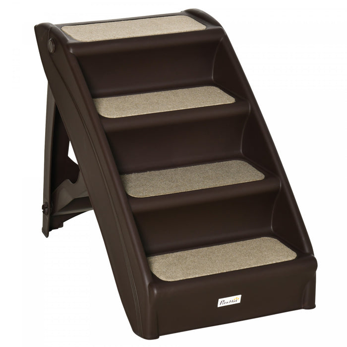 Pawhut 4-level Portable Dog Stairs, Foldable Dog Steps For Small Dogs, Lightweight Cat Steps, With Nonslip Soft Mats, For High Bed, Sofa, Dark Brown