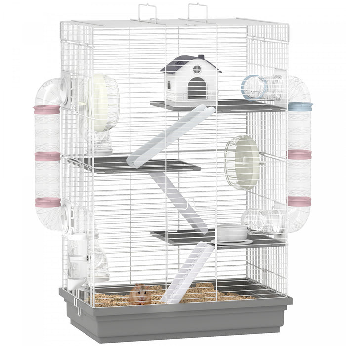 PawHut Hamster Cage, 4-Level Small Animal House with Excerise Wheel, Food Bowl, Water Bottle, House, Tunnels, Ramps, Gerbil Cage for Dwarf Hamster, 18.5\" x 12\" x 28\", Grey