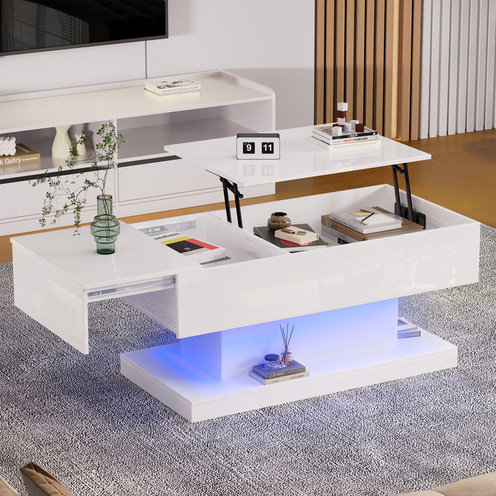 Logan Lift-Top Coffee Table with LED Lighting and Extendable Desktop,White